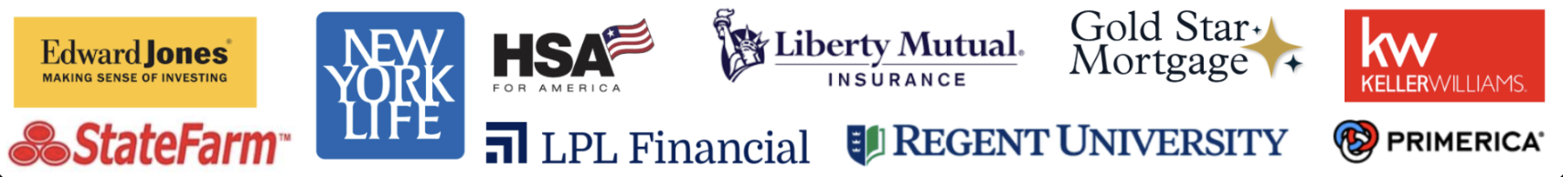 Logos of organizations whose associates use Higgins: Edward Jones, New York Life, HSA for America, Liberty Mutual, Gold Star Mortgage, Keller Williams, State Farm, LPL Financial, Regent University and Primerica